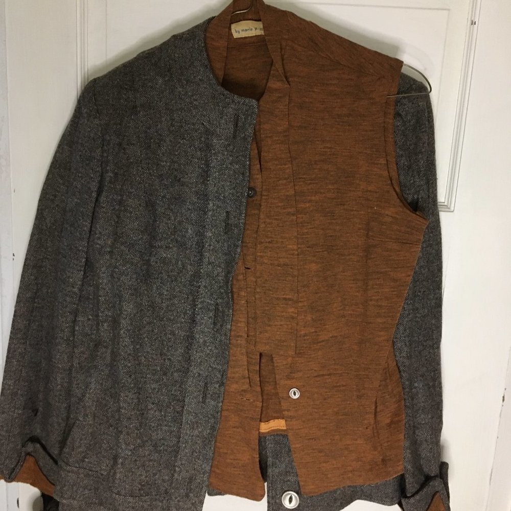 Vintage 1960s Marie Phillips 3-piece set, skirt/jacket/vest, two-tone brown